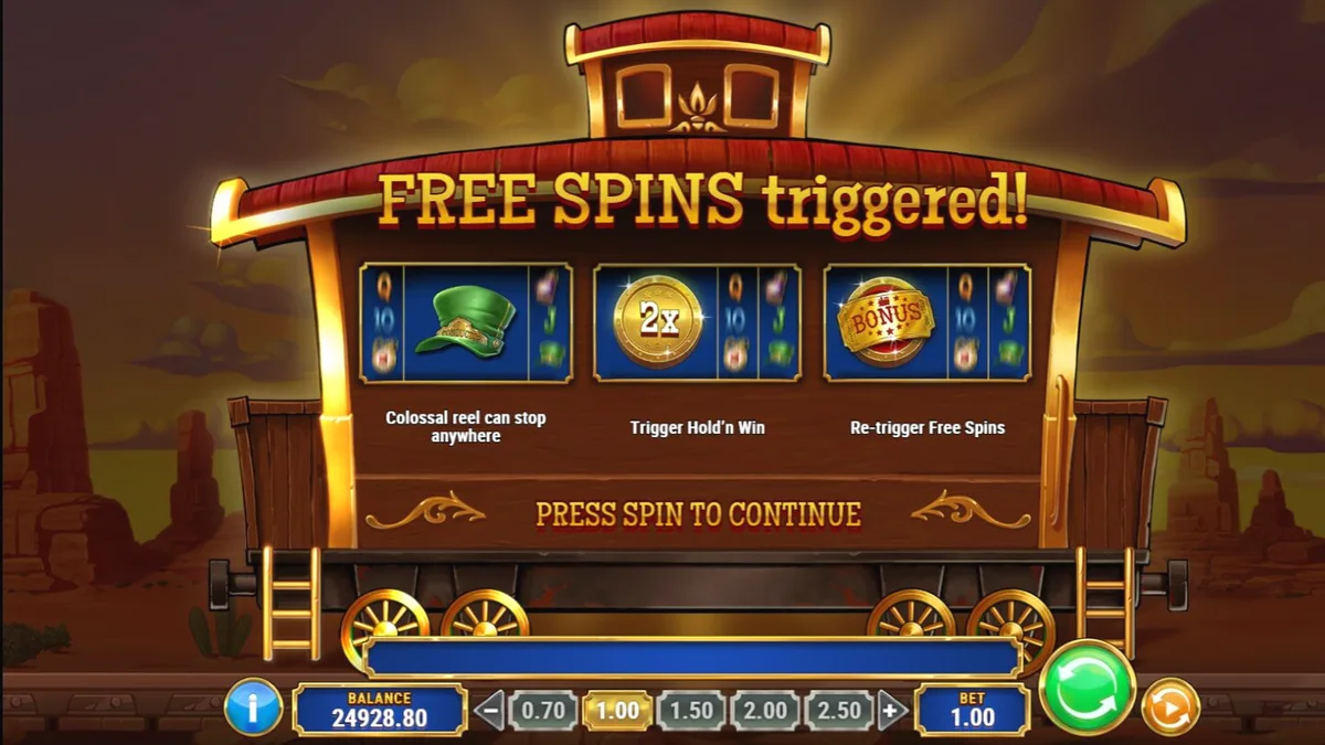 Tampilan visual kereta uap dan simbol emas dalam slot Track’n Gold