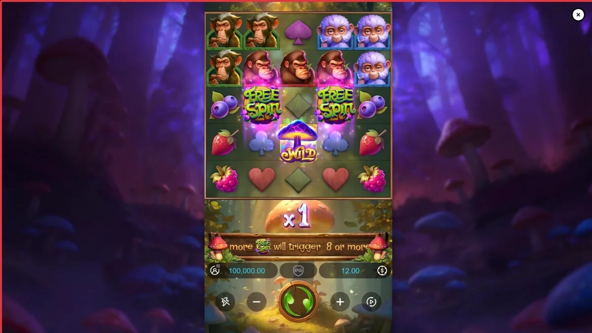 Tampilan antarmuka mobile game slot Monkeys Wild Party dengan grafis hutan yang cerah
