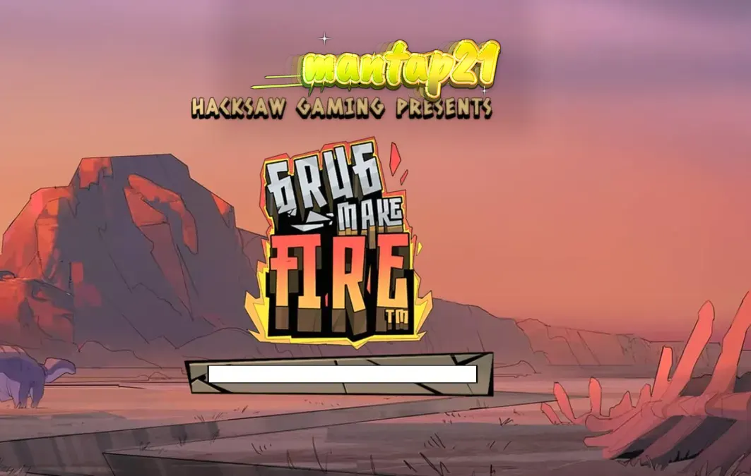 Grug, karakter manusia gua dari slot Grug Make Fire, berdiri di depan latar belakang gua prasejarah yang penuh api.